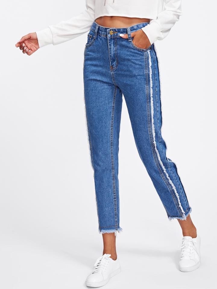 Romwe Frayed Trim Tapered Jeans