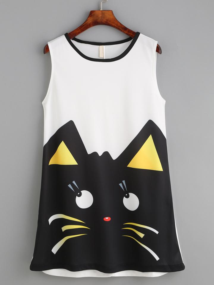 Romwe White Contrast Neck Cat Print Dress