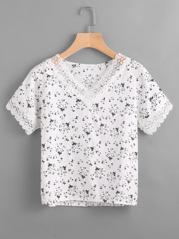 Romwe V Neckline Crochet Trim Ditsy Print Blouse