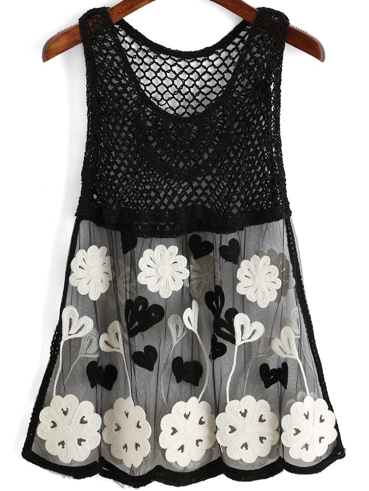 Romwe Sheer Organza Embroidered Tank Top
