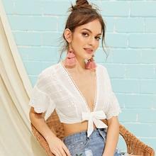 Romwe Plunging Neck Tie Front Embroidery Eyelet Top