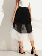 Romwe Contrast Pleated Mesh Overlay Skirt