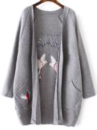 Romwe Grey Eagle Embroidery Raglan Sleeve Cardigan With Pockets