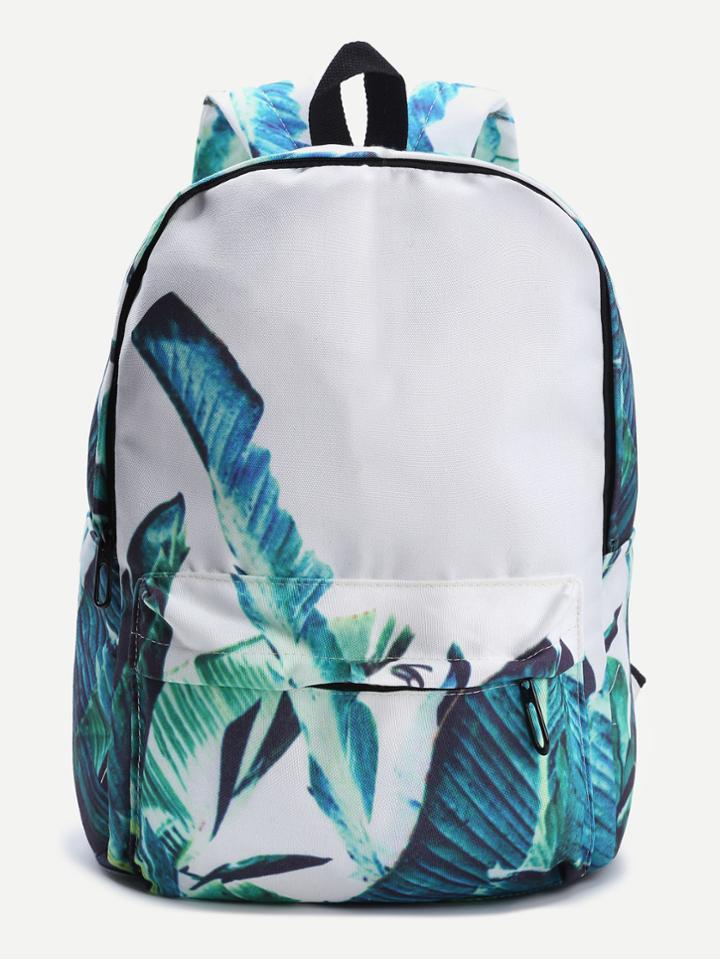 Romwe Leaf Print Front Pocket Casual Canvas Backpack