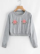 Romwe Rose Embroidered Applique Crop Sweatshirt