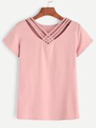 Romwe Pink V Neck Lattice Front T-shirt