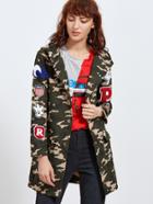 Romwe Olive Green Camo Print Hooded Coat With Patch Detail