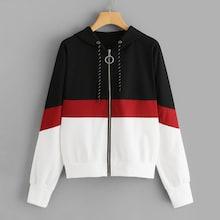 Romwe Colorblock Drawstring Zip Up Jacket
