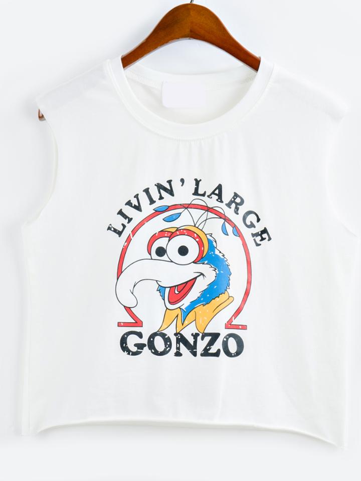Romwe White Cartoon Print Crop Tank Top