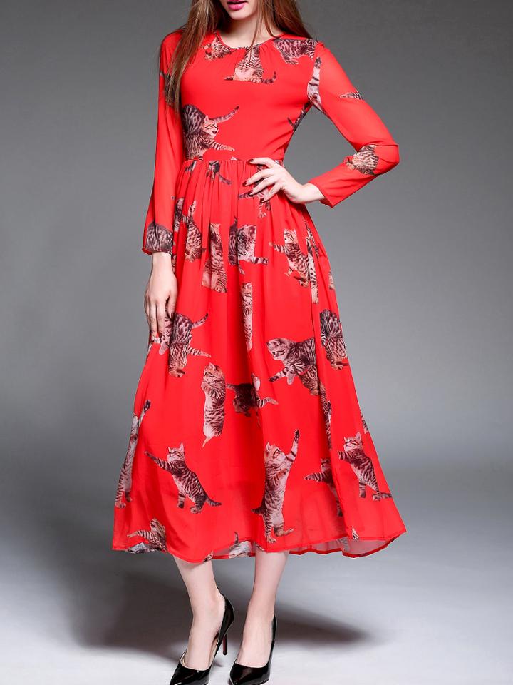 Romwe Red Cats Print Long Dress