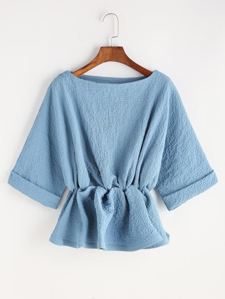 Romwe Blue Elastic Waist Raglan Sleeve Cuffed Blouse