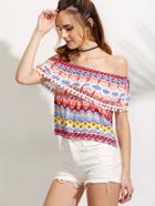 Romwe Multicolor Tribal Print Pom Pom Off The Shoulder Top