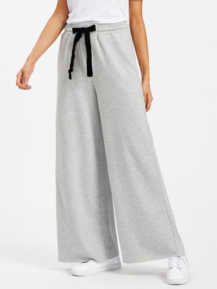 Romwe Bow Tie Waist Heathered Palazzo Sweatpants