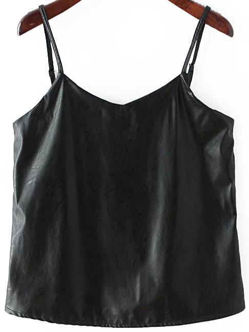 Romwe Spaghetti Strap Pu Cami Top