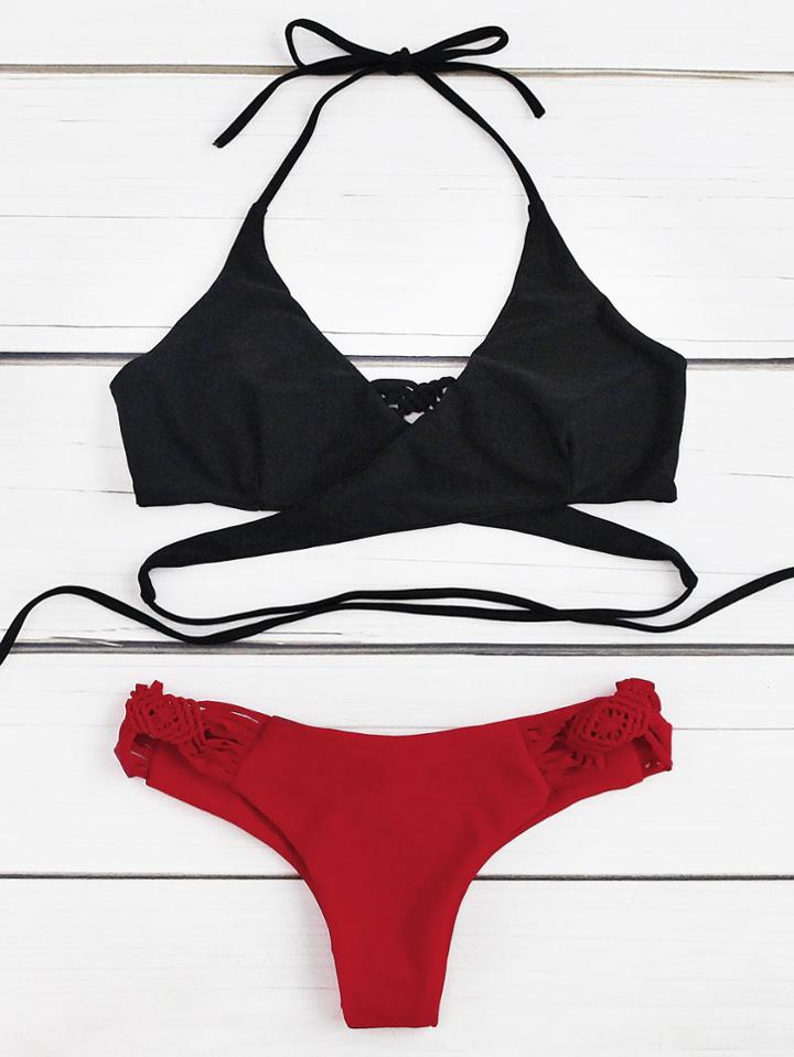 Romwe Crochet Detail Wrap Mix & Match Bikini Set