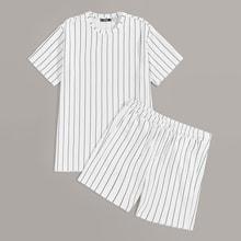 Romwe Guys Vertical Striped Tee & Shorts Set