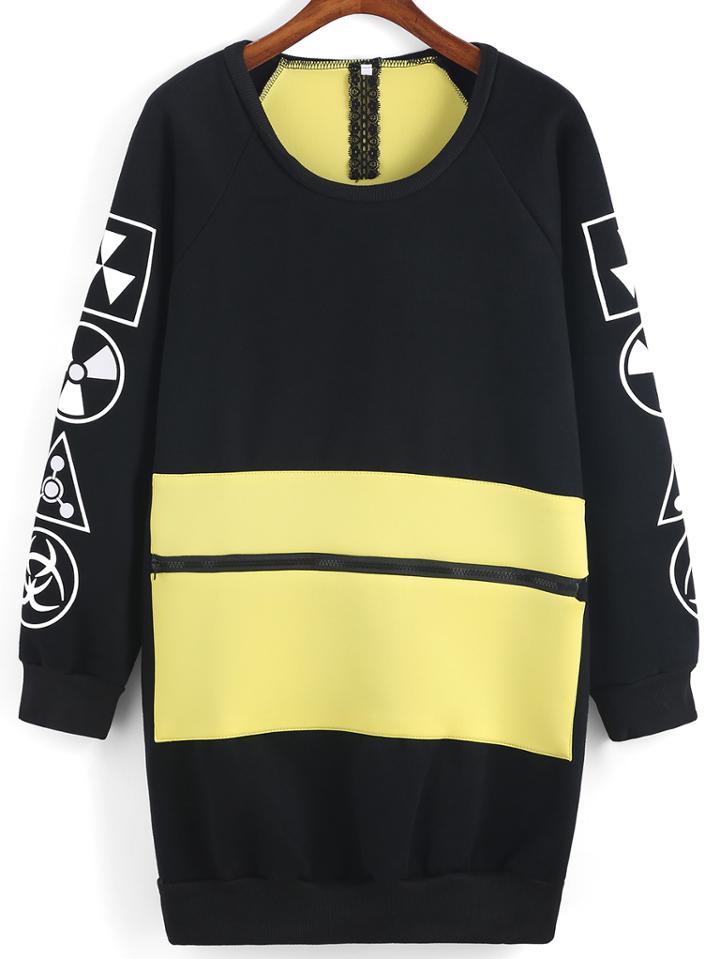 Romwe Color-block Geometric Print Loose Sweatshirt