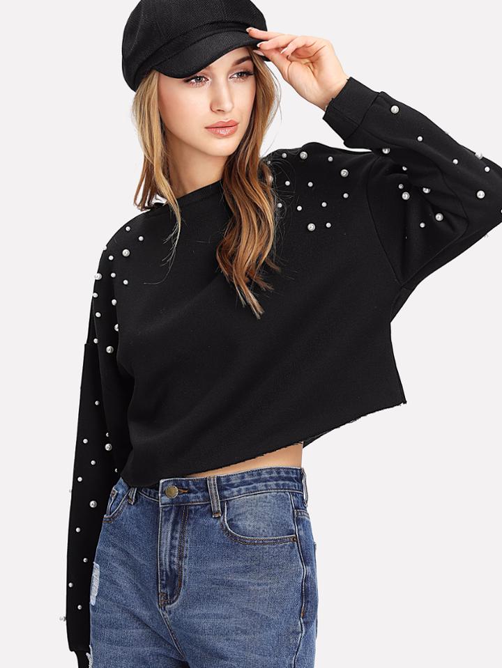 Romwe Pearl Embellished Raw Hem Pullover
