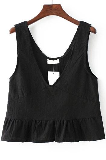 Romwe Deep V Neck Peplum Hem Black Tank Top