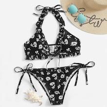 Romwe Random Floral Frill Trim Top With Tie Side Bikini