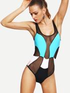Romwe Color Block Mesh Panel One-piece Swimwear