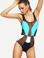 Romwe Color Block Mesh Panel One-piece Swimwear