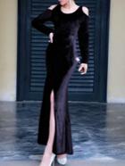 Romwe Open Shoulder Slit Maxi Black Dress