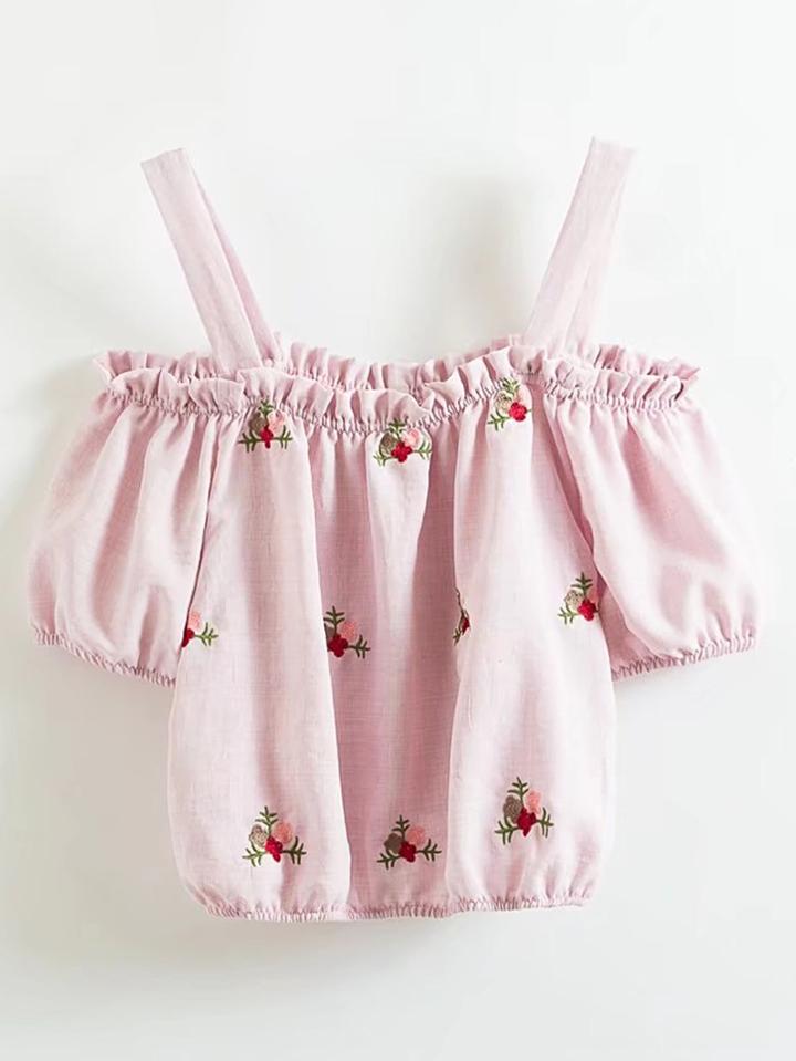 Romwe Cold Shoulder Embroidery Top