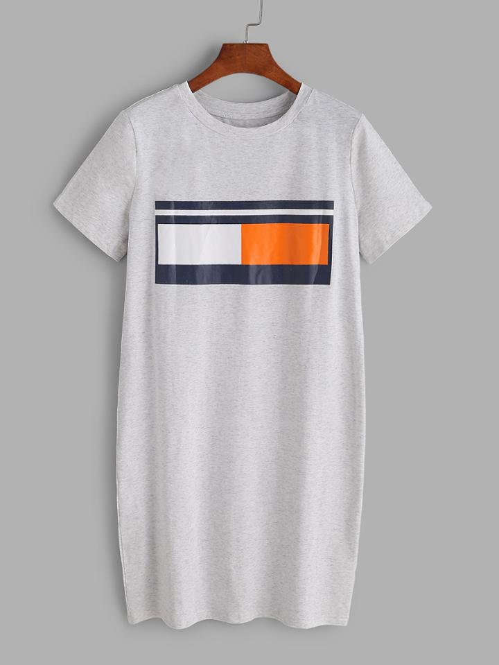 Romwe Heather Grey Printed Short Sleeve Tee Dress