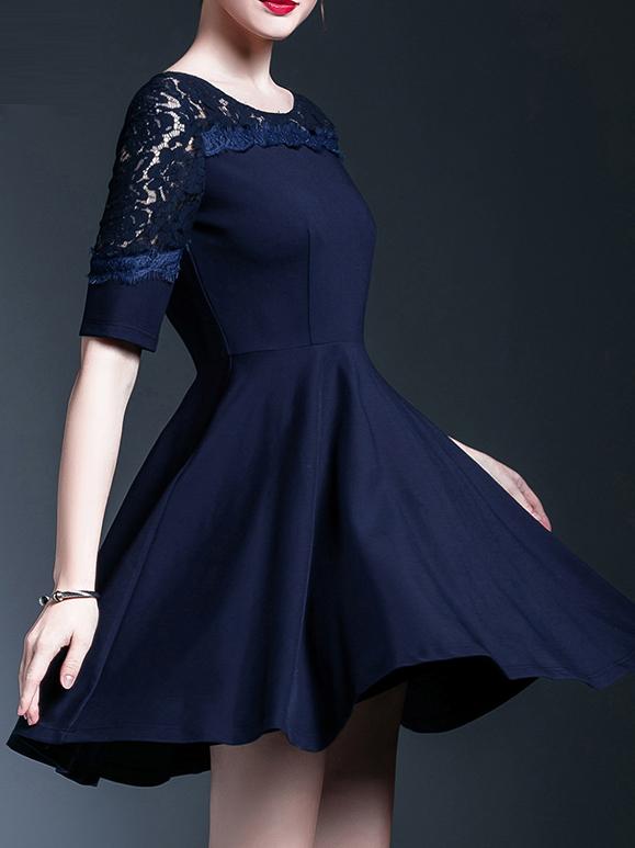 Romwe Navy Contrast Lace A-line Dress