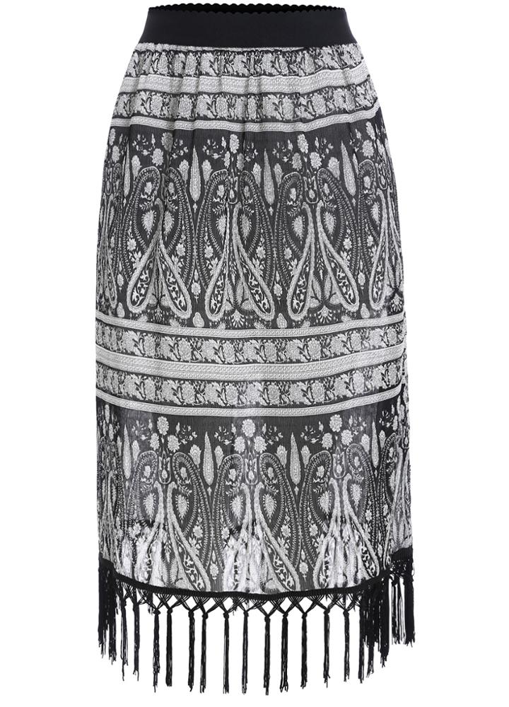 Romwe With Tassel Tribal Print Black Skirt
