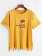 Romwe Floral Print Frayed Hem Cuffed T-shirt