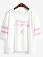 Romwe Letter Print Striped Pink T-shirt