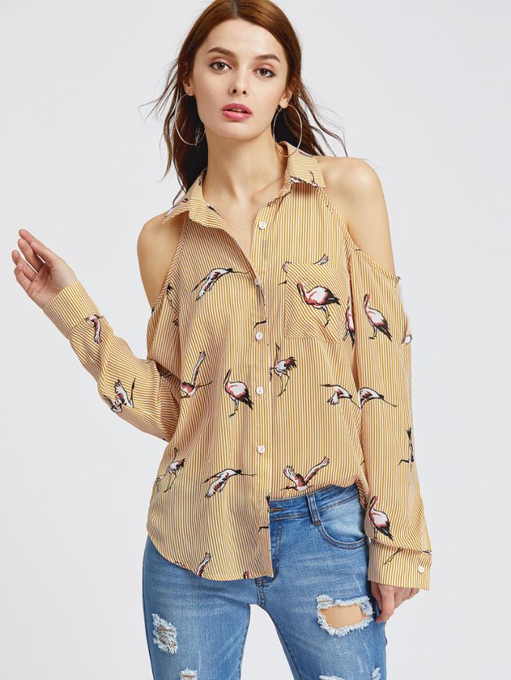 Romwe Striped Crane Print Cold Shoulder Shirt