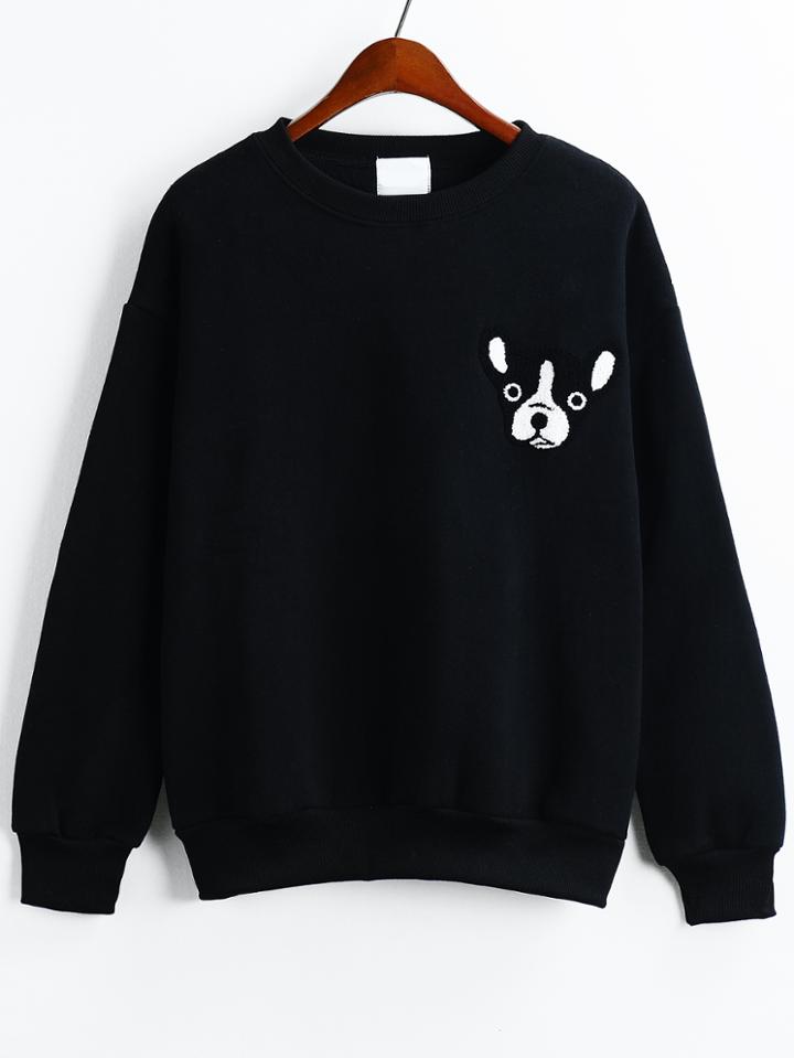 Romwe Dropped Shoulder Seam Dog Pattern Flocked Black Sweatshirt