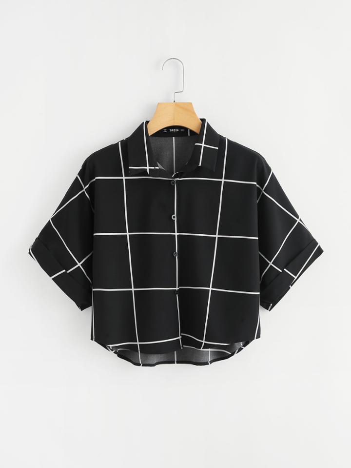 Romwe Cuffed Sleeve Grid Shirt
