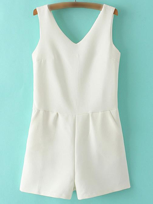 Romwe White V Neck Sleeveless Zipper Back Pockets Romper
