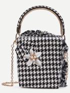 Romwe Contrast Flower Embellished Houndstooth Box Handbag With Chain