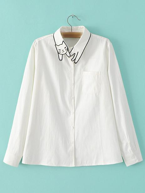 Romwe White Lapel Long Sleeve Cat Embroidery Pocket Blouse
