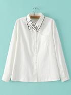 Romwe White Lapel Long Sleeve Cat Embroidery Pocket Blouse