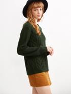 Romwe Dark Green Cable Knit Round Neck Sweater