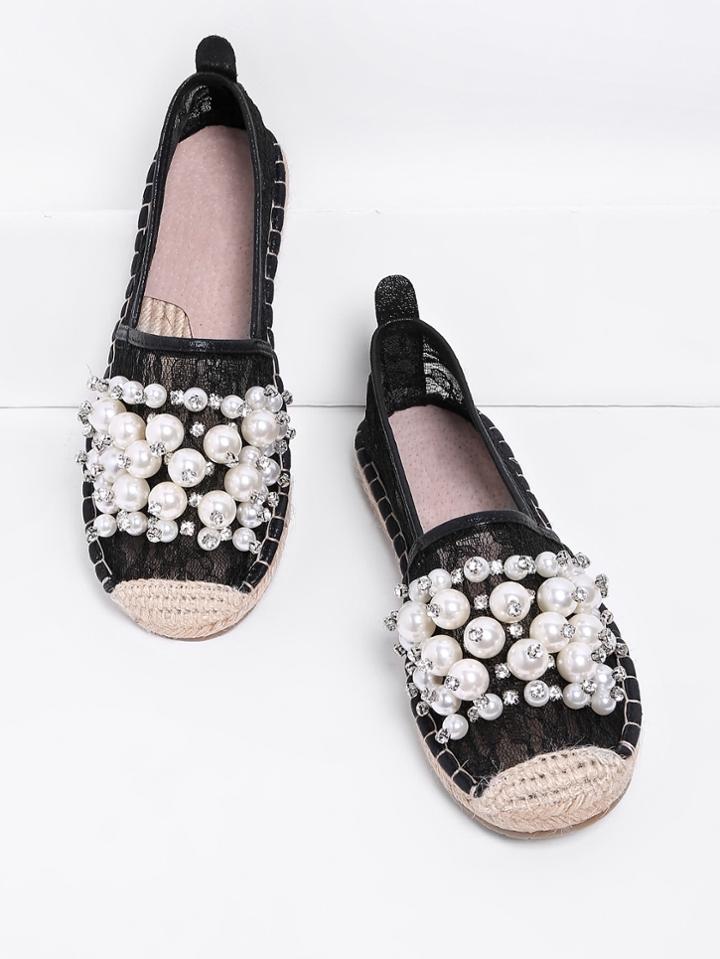 Romwe Faux Pearl Embellished Lace Overlay Espadrilles