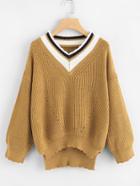 Romwe V Neckline Dip Hem Raw Edge Knit Sweater