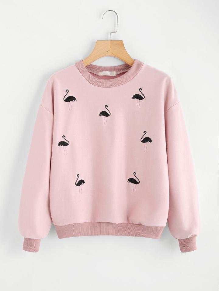 Romwe Flamingo Embroidered Drop Shoulder Sweatshirt
