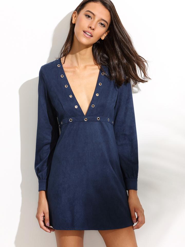 Romwe Navy Deep V Neck Metal Eyelet Suede Dress