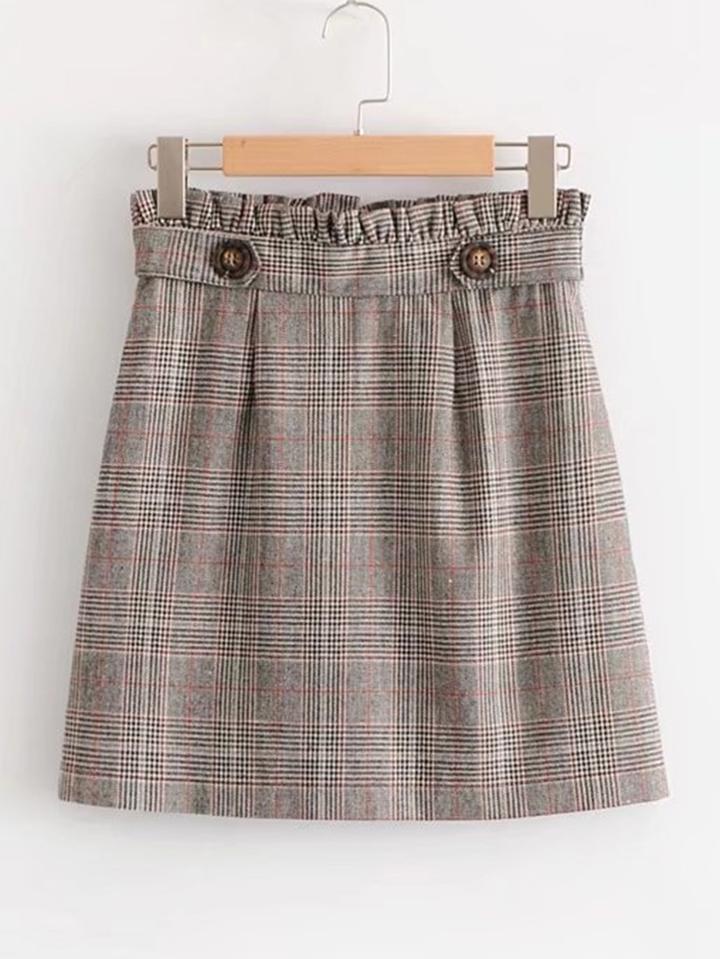 Romwe Frill Waist Glen Plaid Skirt