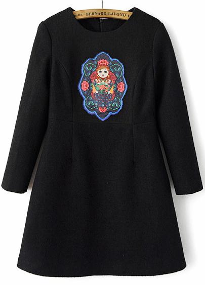 Romwe Beauty Print Embroidered Black Dress