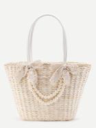 Romwe Faux Pearl Straw Tote Bag With Bow