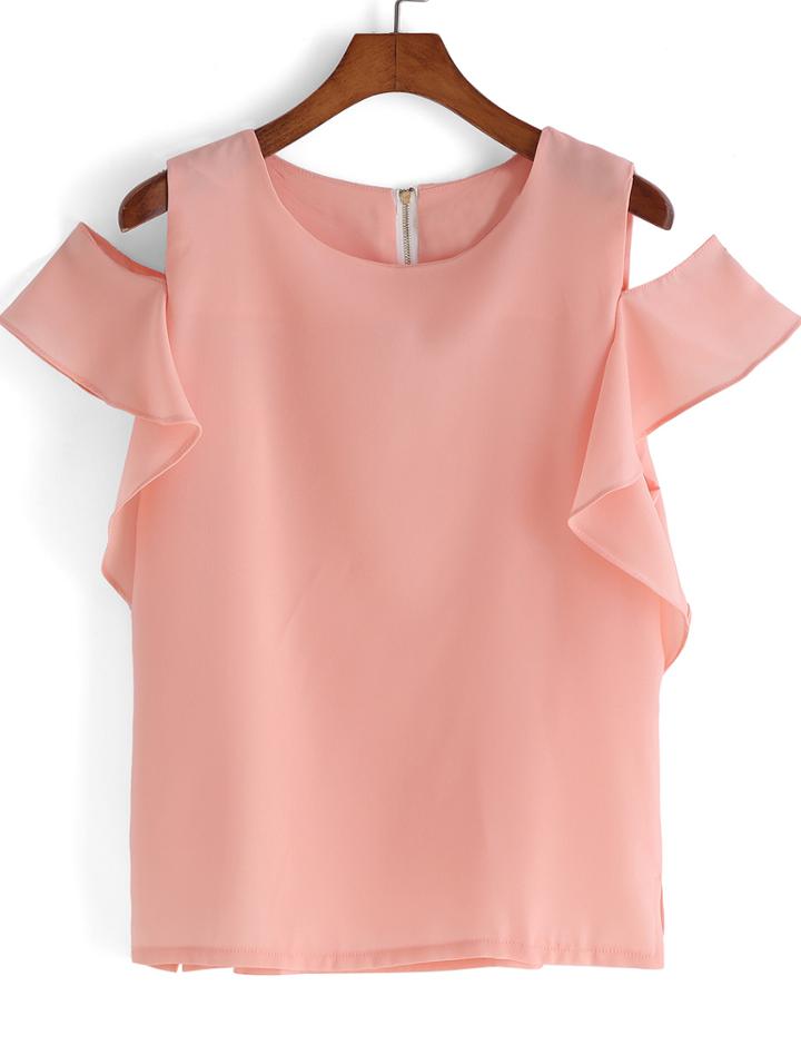 Romwe Pink Off The Shoulder Ruffle Chiffon Blouse