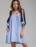 Romwe Contrast Tie Cold Shoulder Vertical Striped Dress